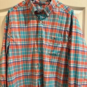 Vineyard Vines Coral and Teal Plaid Shirt on the go performance